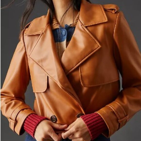Anthropologie |Avec Les Filles | Faux Leather Caramel Brown Cropped Jacket |SZ S - Picture 7 of 14